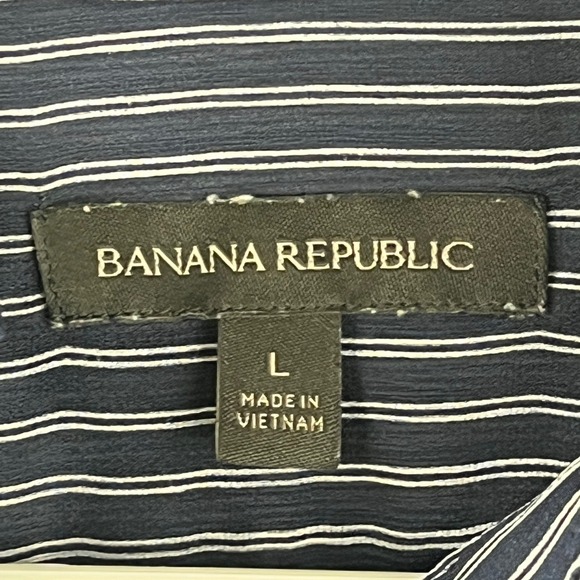 Banana Republic Button Up Blouse Women L Navy Blue White Striped Ruffle Neck - Picture 2 of 9